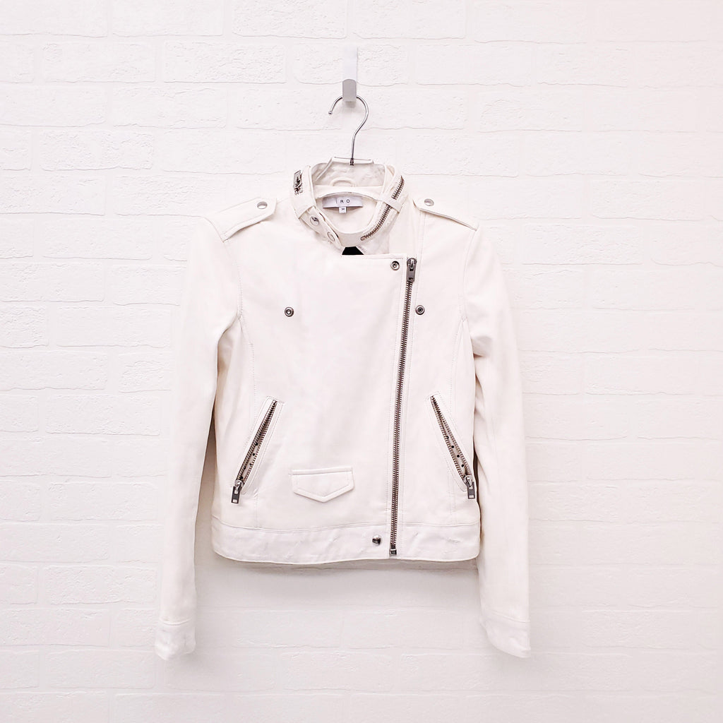IRO CREAM LEATHER AND DENIM DISTRESSED MOTORCYCLE JACKET - SIZE 38