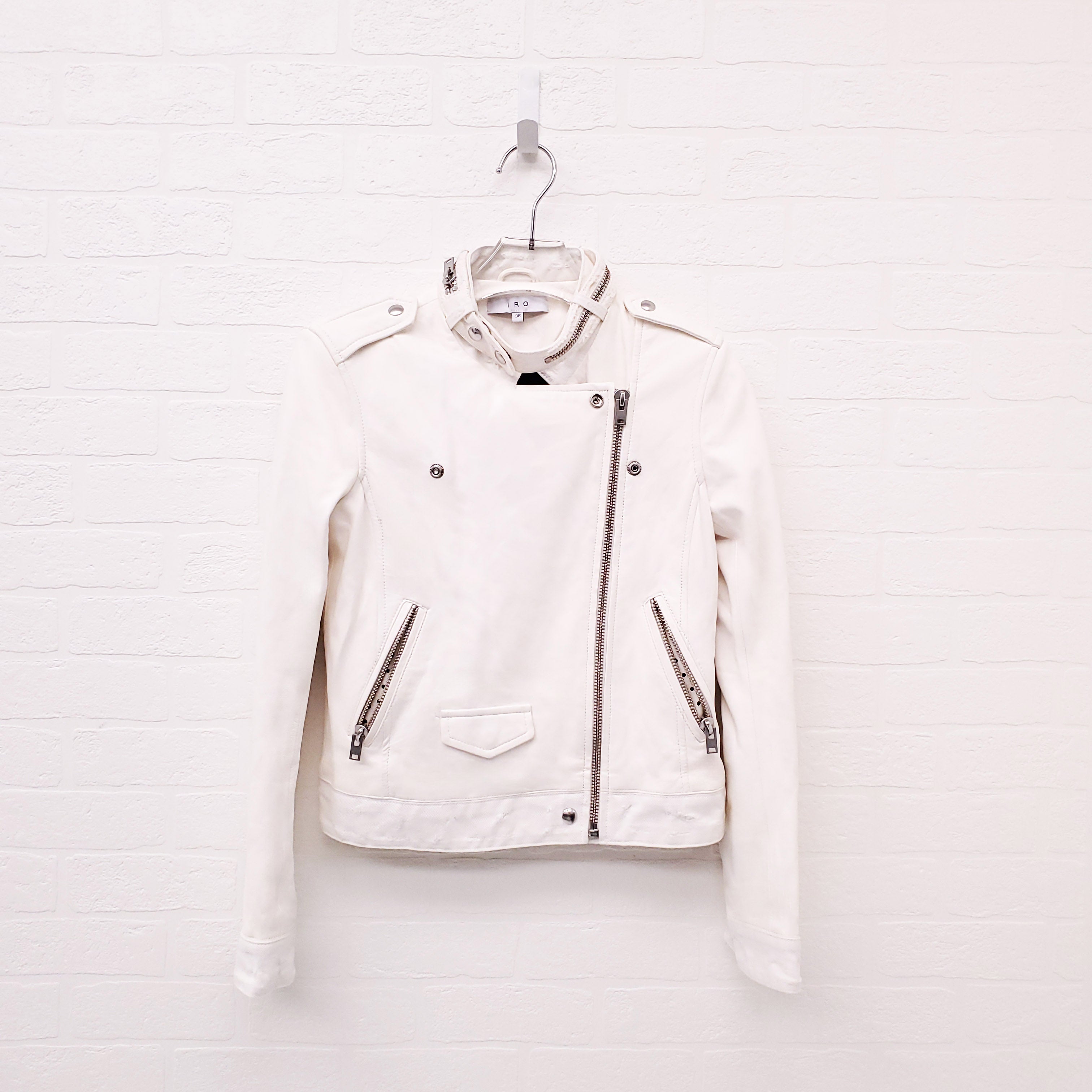 IRO CREAM LEATHER AND DENIM DISTRESSED MOTORCYCLE JACKET - SIZE 38