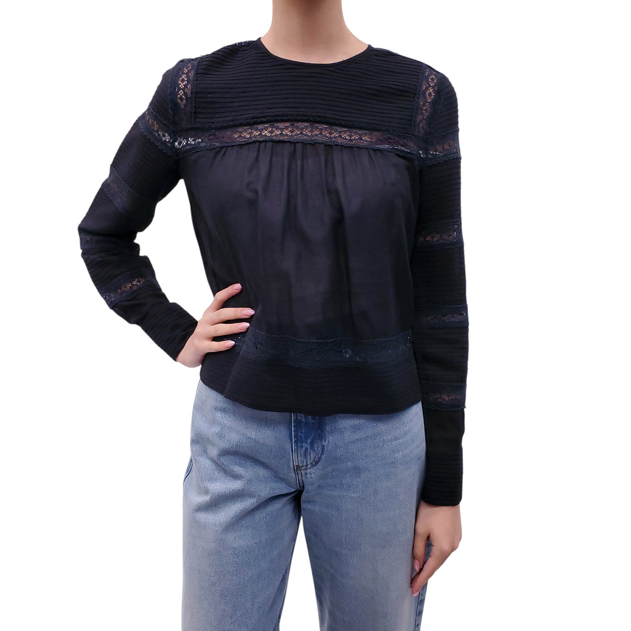ISABEL MARANT BLACK COTTON AND NAVY LACE BLOUSE - SIZE 36