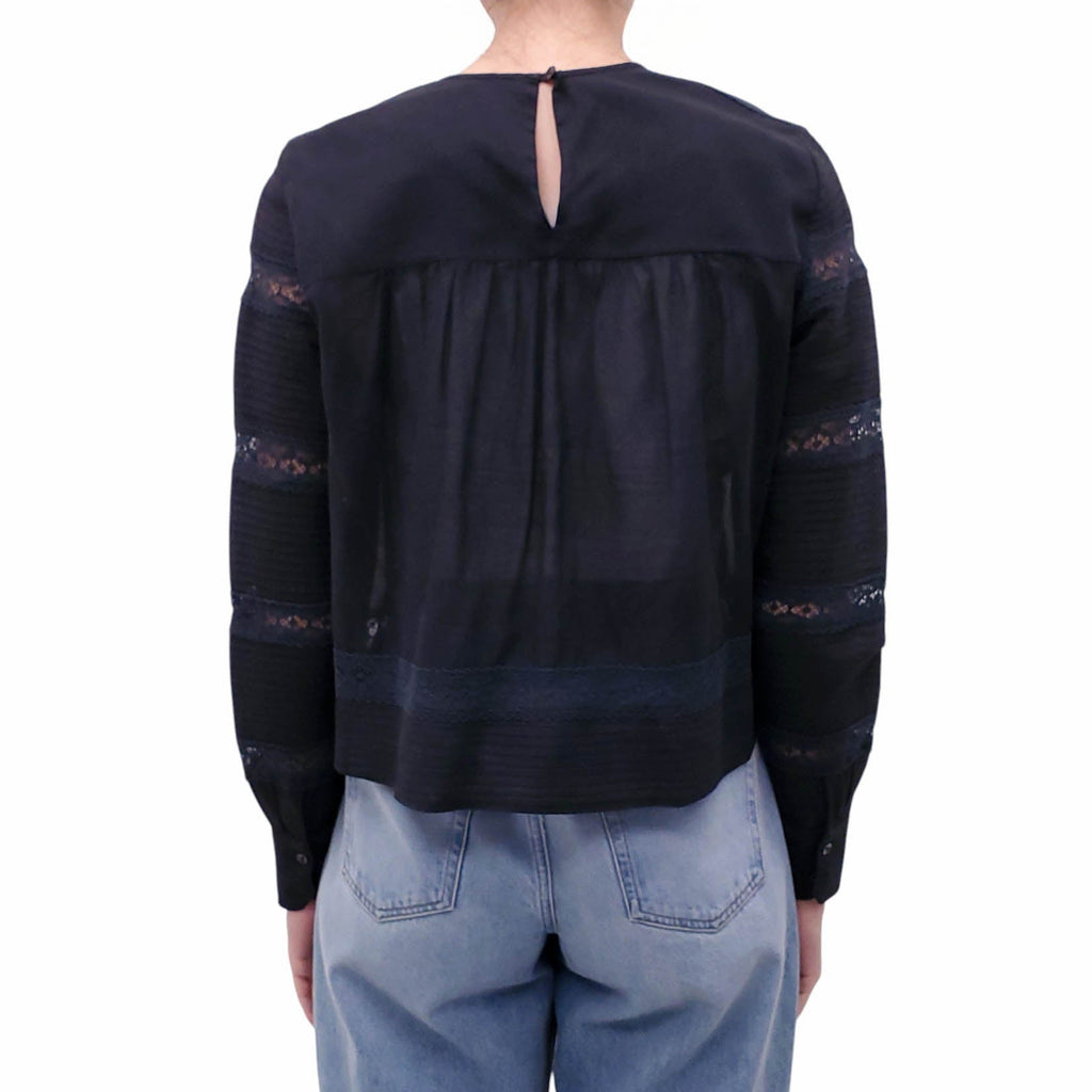 ISABEL MARANT BLACK COTTON AND NAVY LACE BLOUSE - SIZE 36