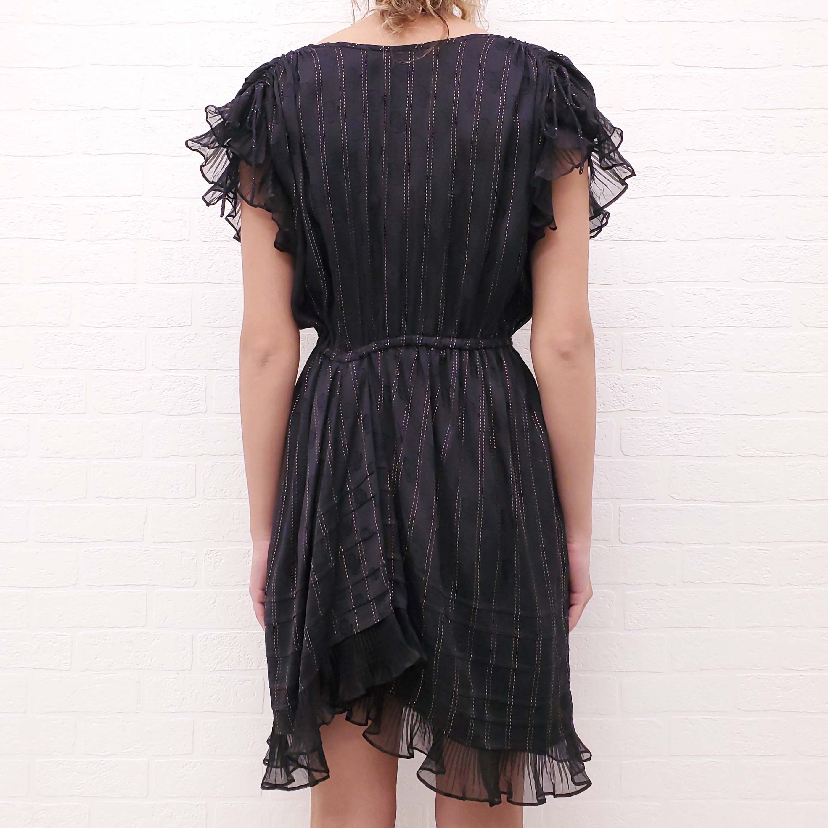 ISABEL MARANT BLACK PATTERNED DRESS WITH GOLD STITCHING DETAIL - SIZE 38