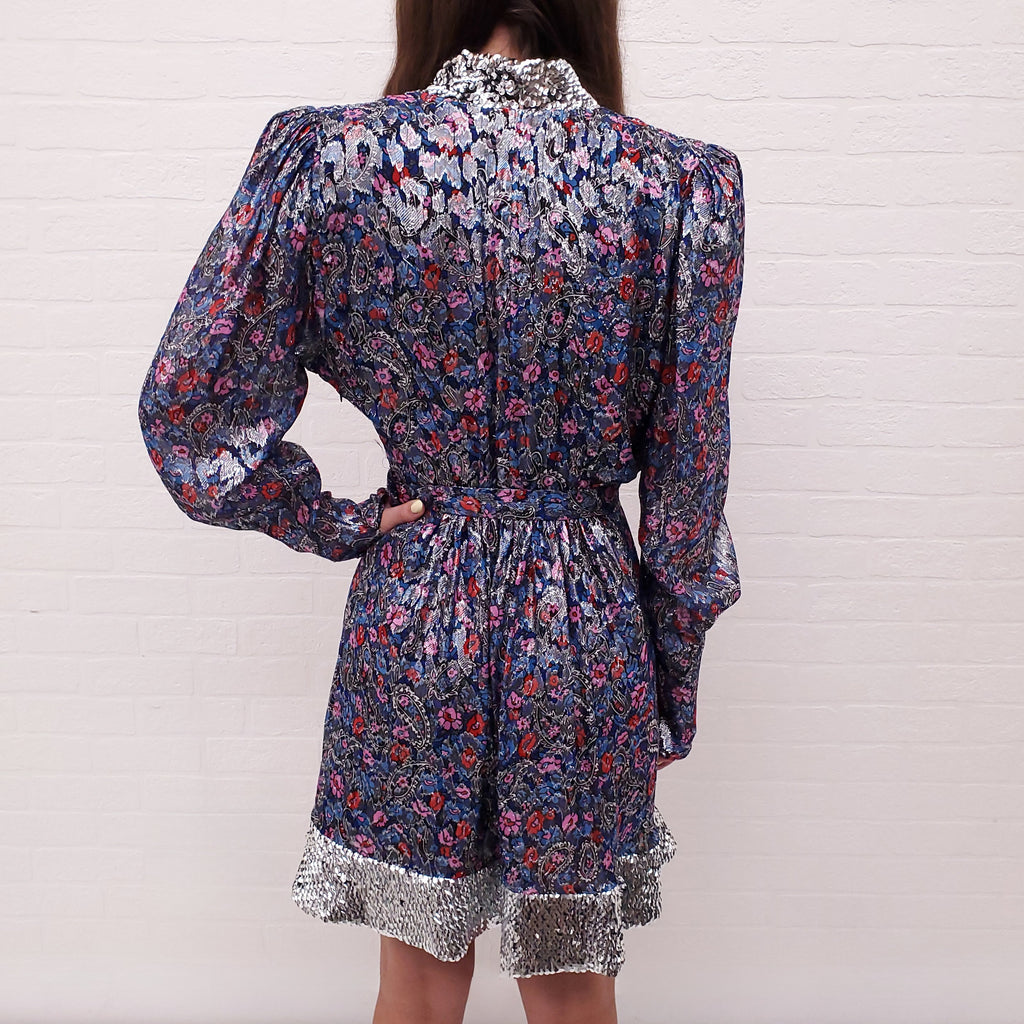 ISABEL MARANT NAVY FLORAL AND PAISLEY MERENEA DRESS WITH SEQUINS AND BELT - SIZE 34