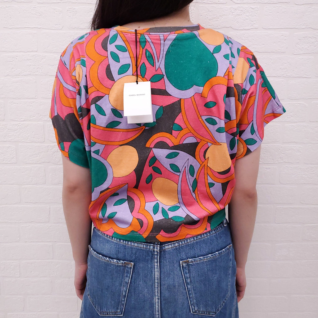 ISABEL MARANT ORANGE AND PURPLE PRINTED ZINALIA CROP TOP - SIZE M