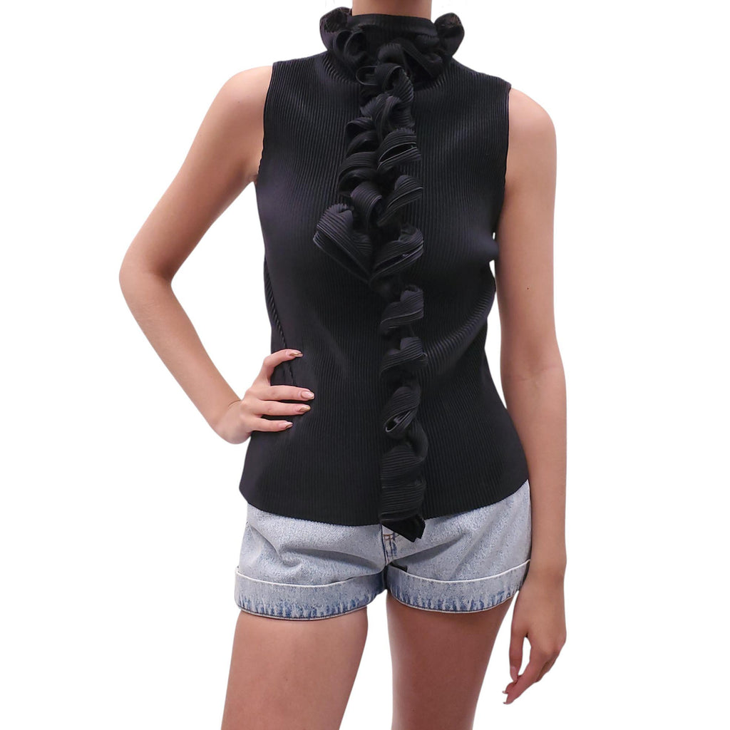 ISSEY MIYAKE BLACK BLOUSE WITH RUFFLE TIE DETAIL - SIZE 3/M