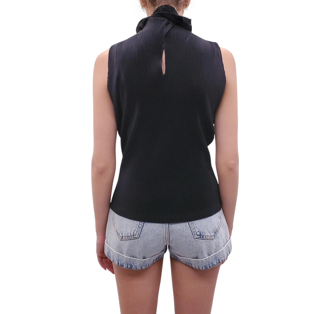 ISSEY MIYAKE BLACK BLOUSE WITH RUFFLE TIE DETAIL - SIZE 3/M