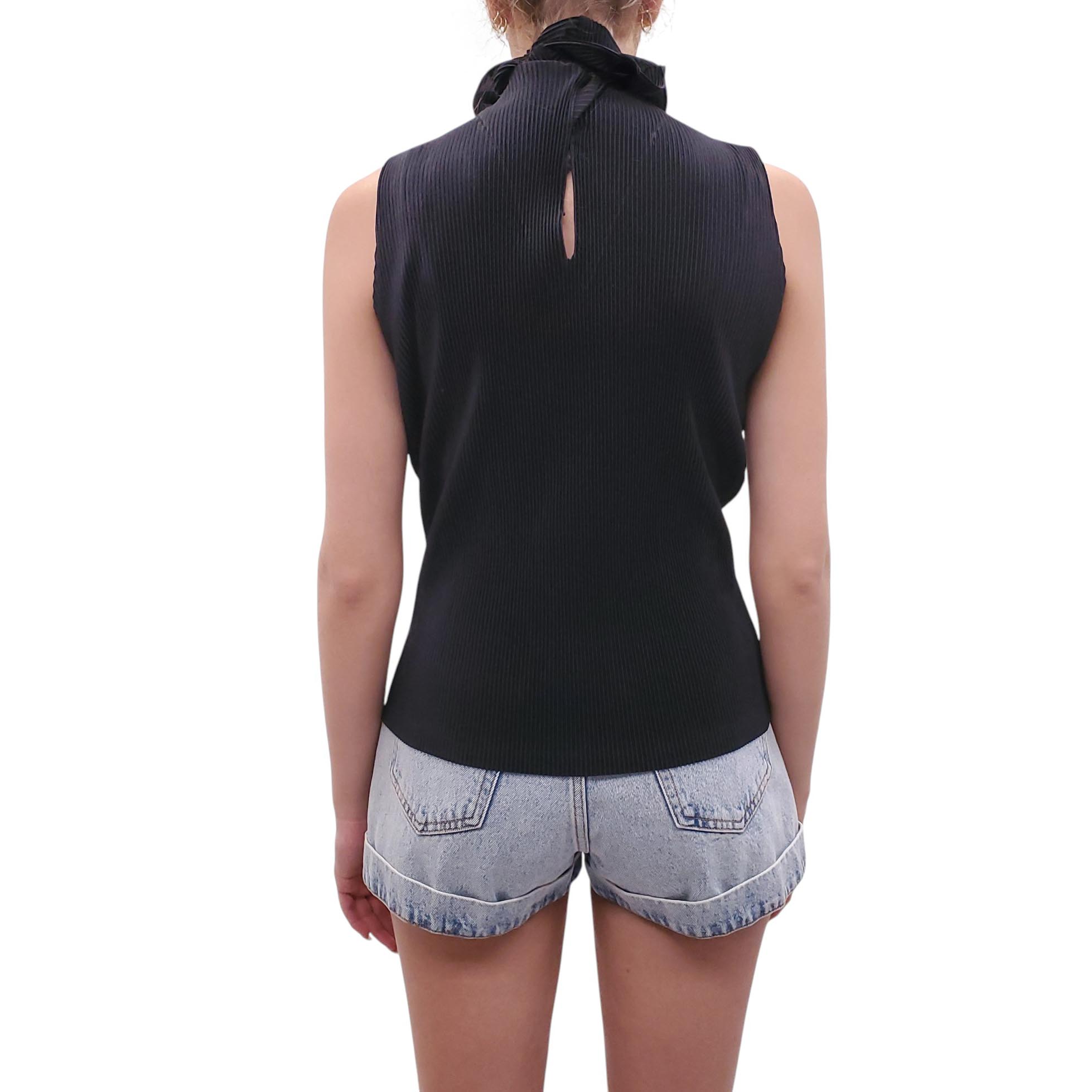 ISSEY MIYAKE BLACK BLOUSE WITH RUFFLE TIE DETAIL - SIZE 3/M