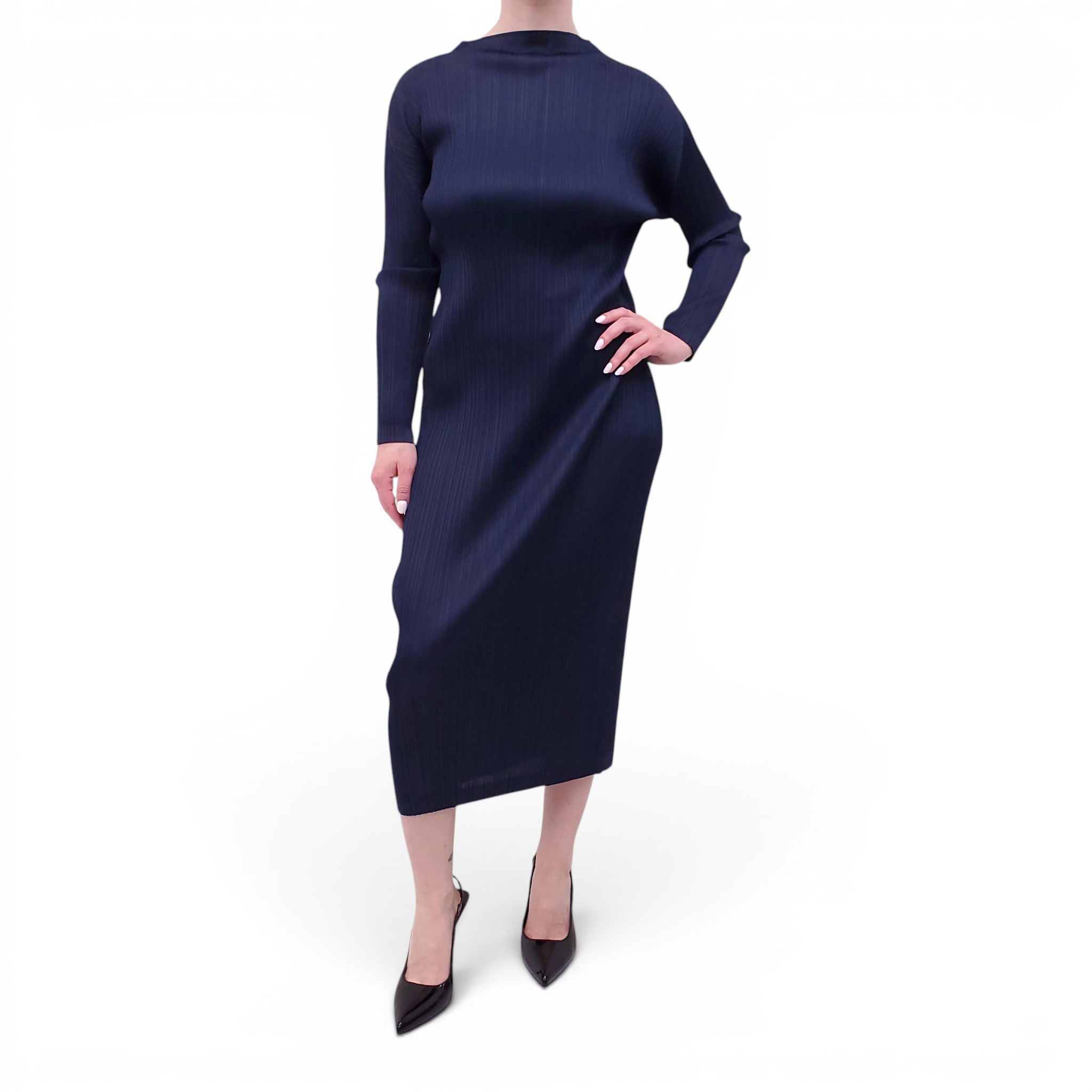 ISSEY MIYAKE NAVY 'PLEATS PLEASE' LONG-SLEEVE DRESS - SIZE 2/S