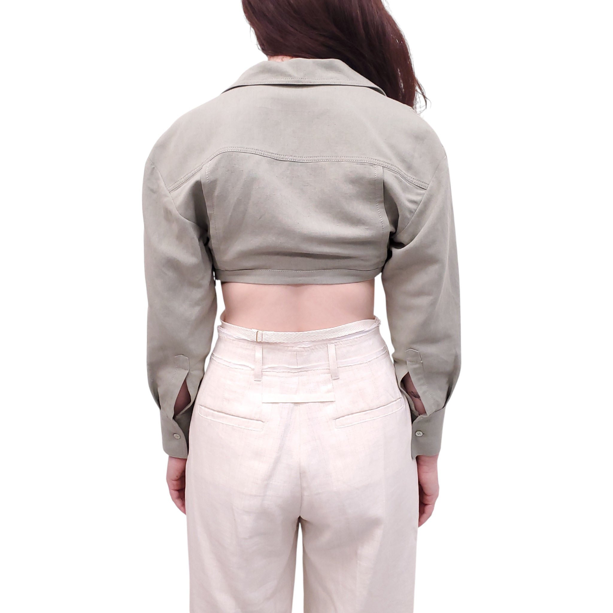 JACQUEMUS KHAKI GREEN LINEN 'L'AMOUR' CROPPED SHIRT - SIZE 34