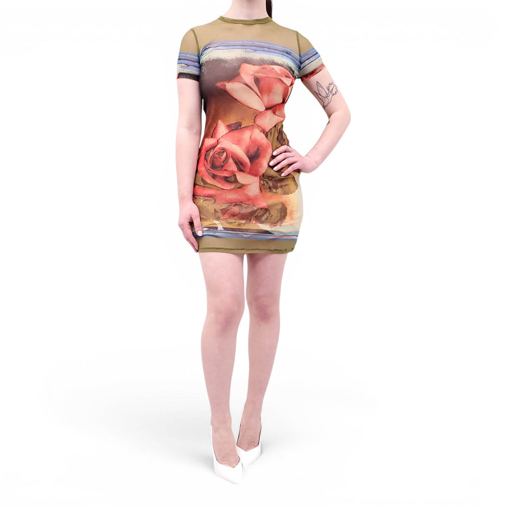 JEAN PAUL GAULTIER GREEN ROSE PRINT MESH DRESS - SIZE S