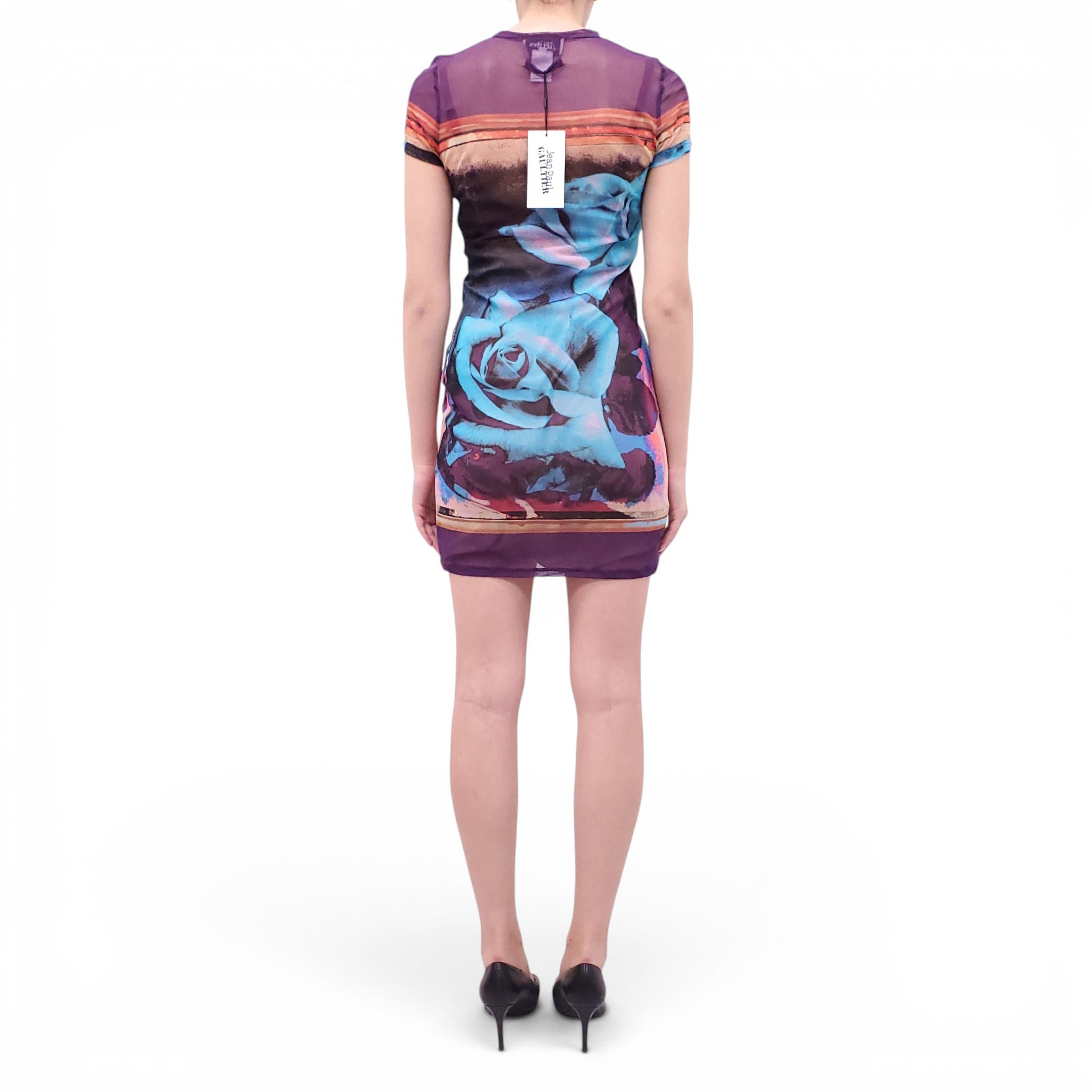 JEAN PAUL GAULTIER PURPLE ROSE PRINT MESH DRESS - SIZE M