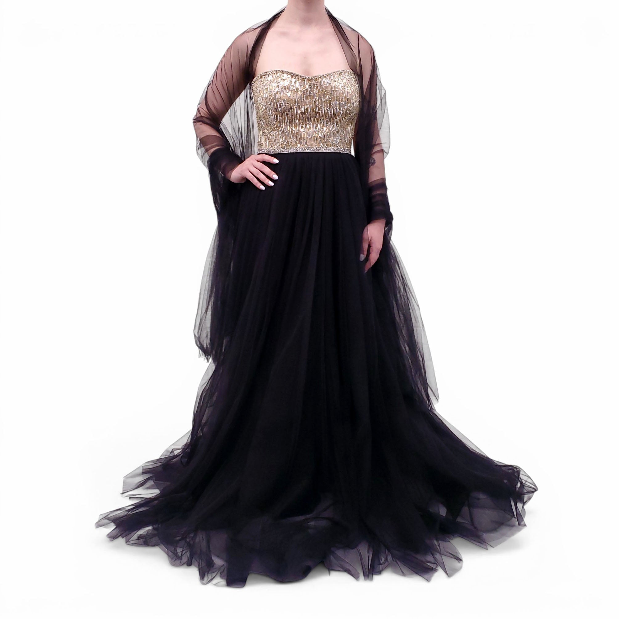 JENNY PACKHAM TULLE GOWN WITH GOLD AND SILVER BEADING - SIZE 8