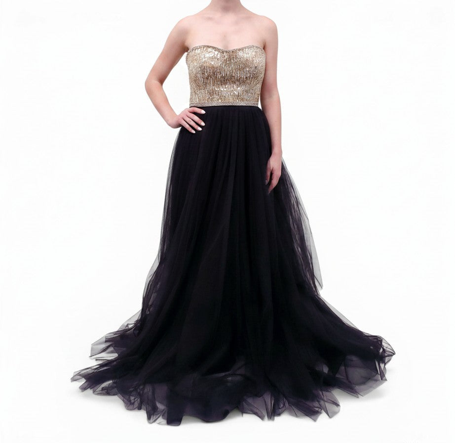 JENNY PACKHAM TULLE GOWN WITH GOLD AND SILVER BEADING - SIZE 8