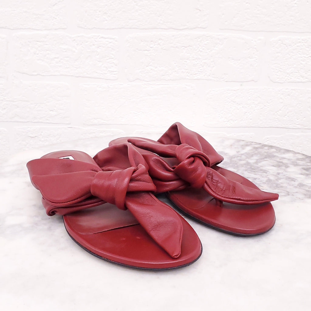 JIL SANDER RED LEATHER KNOT SLIDES - SIZE 35.5