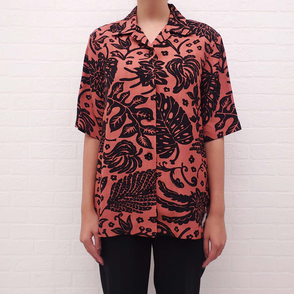 JIL SANDER UNISEX BURNT ORANGE AND BLACK PATTERNED HAWAIIAN SHIRT - SIZE 34