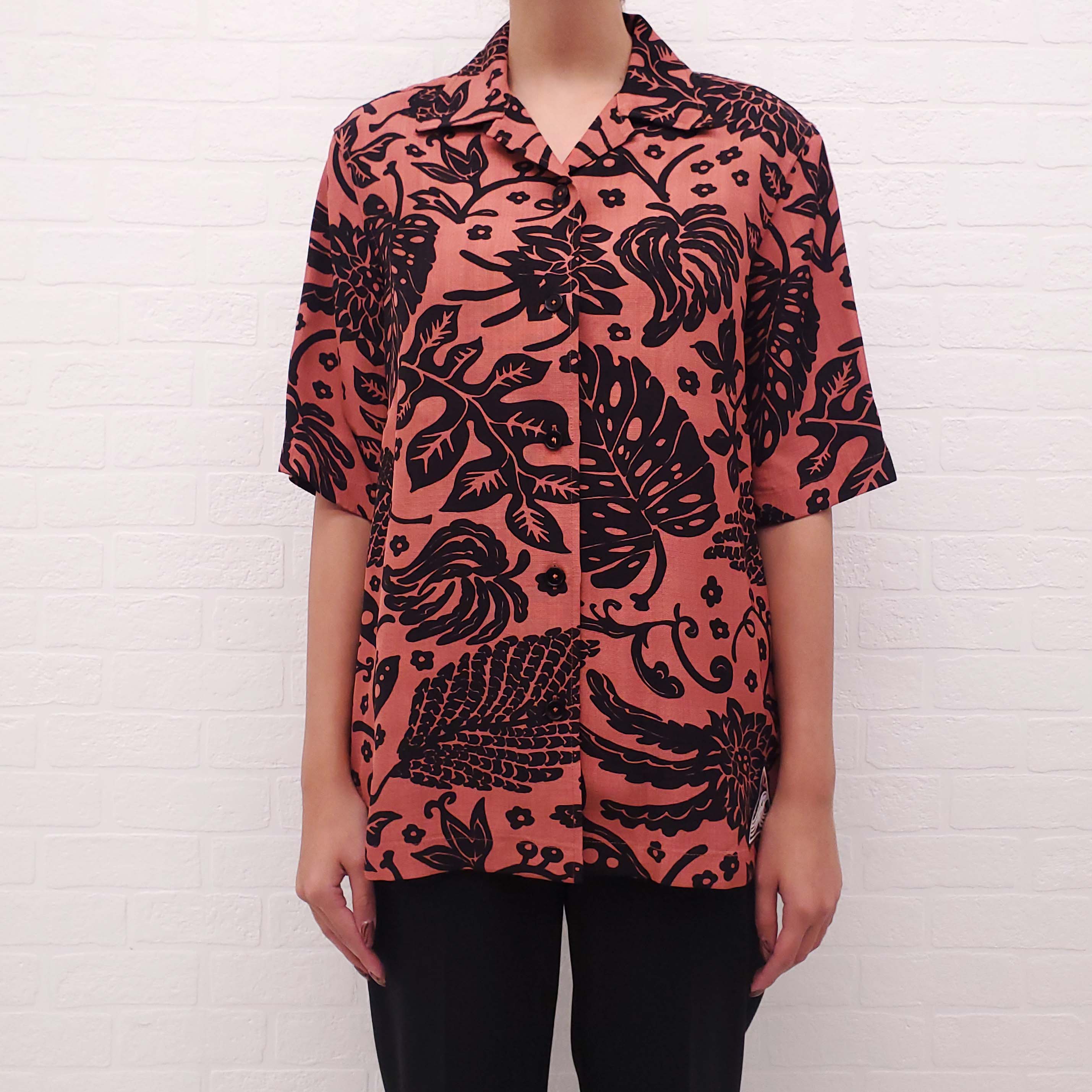 JIL SANDER UNISEX BURNT ORANGE AND BLACK PATTERNED HAWAIIAN SHIRT - SIZE 34