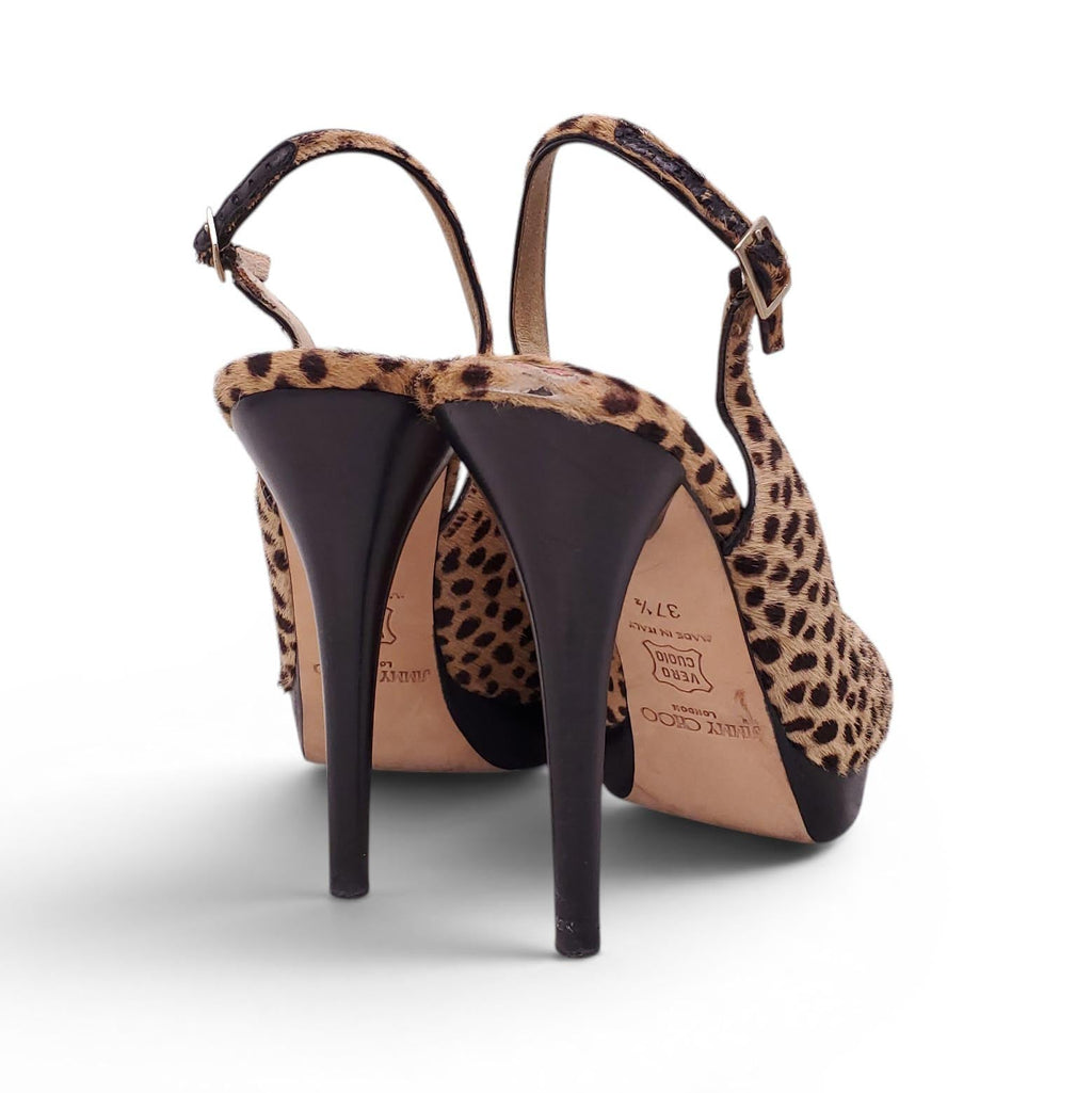 JIMMY CHOO LEOPARD PONYHAIR PEEP-TOE HEELS - SIZE 37.5