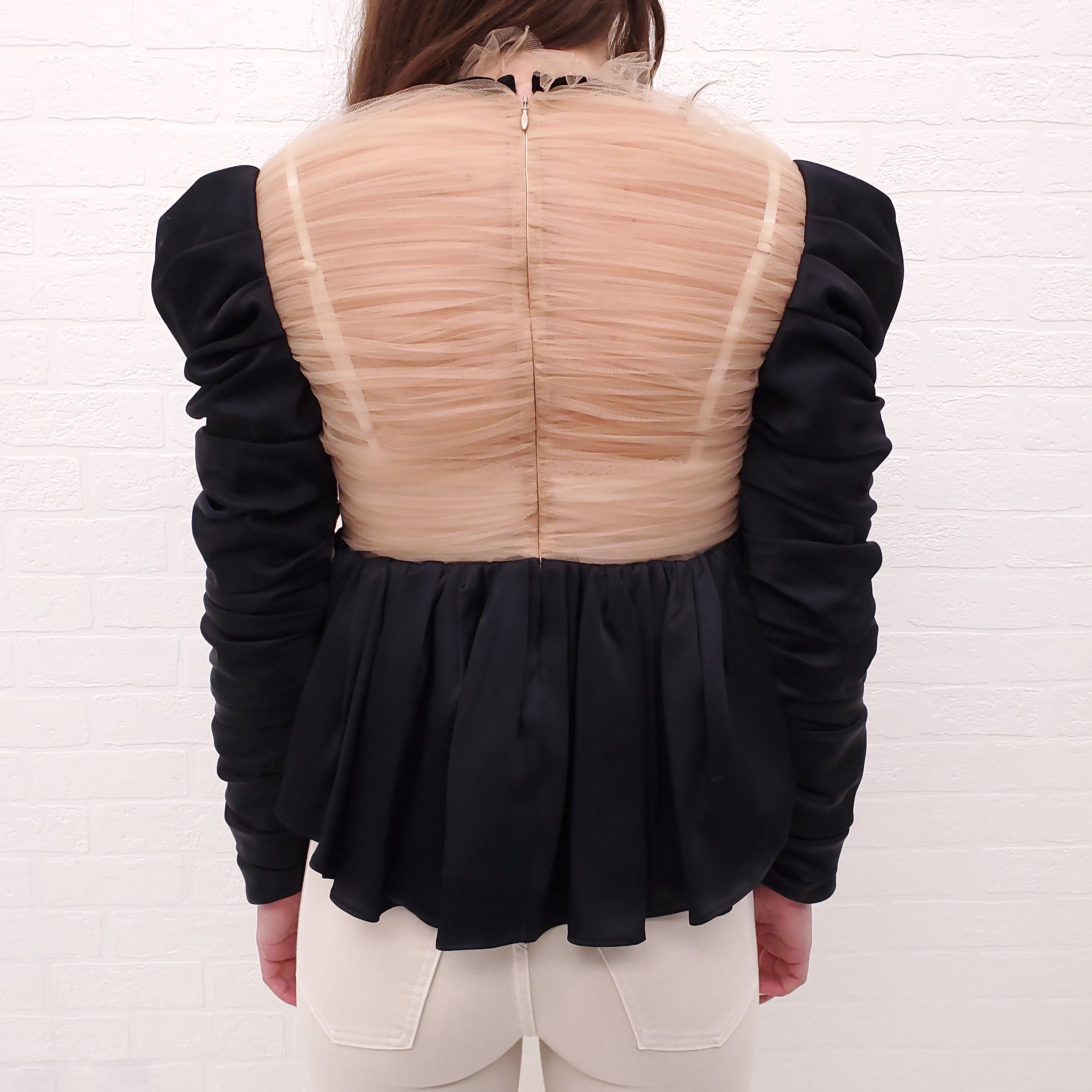 KHAITE BLACK PLEATED BLOUSE SHEER DETAIL AND VELVET BOW - SIZE 2