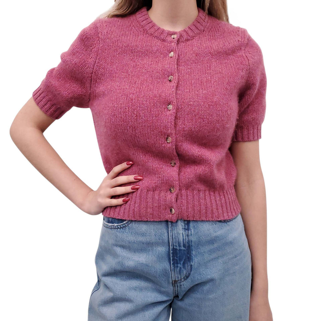 KHAITE PINK CASHMERE SHORT SLEEVE NORA CARDIGAN - SIZE S