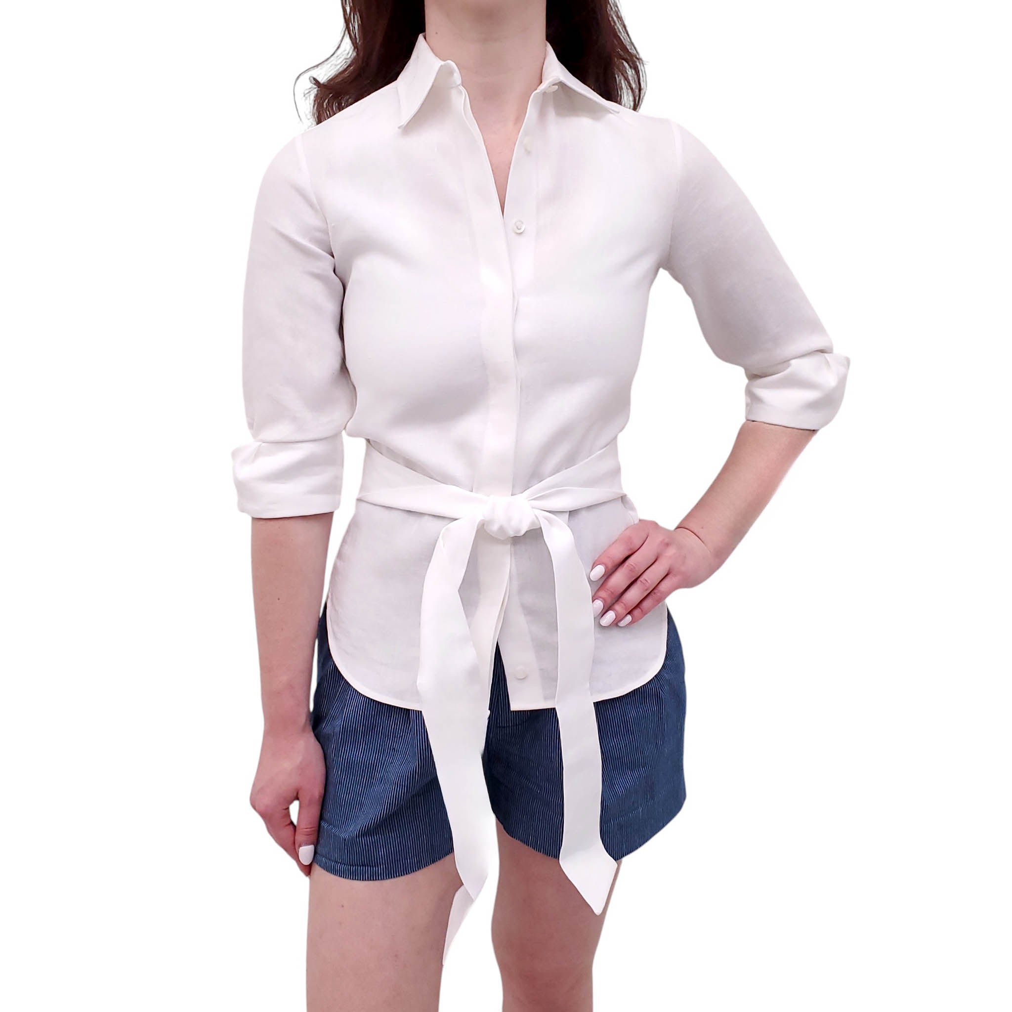 KITON WHITE LINEN BLOUSE WITH BELT DETAIL - SIZE S