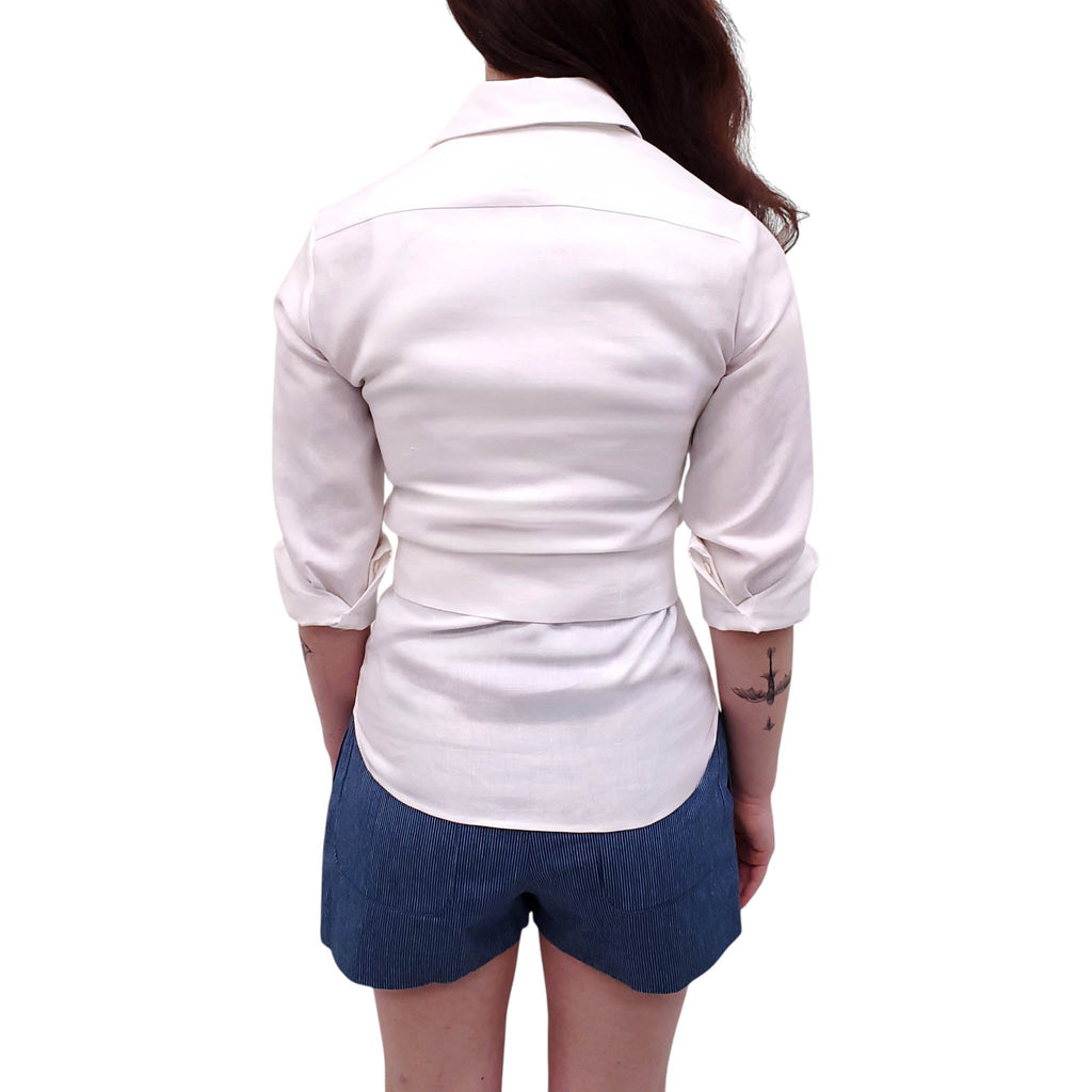 KITON WHITE LINEN BLOUSE WITH BELT DETAIL - SIZE S