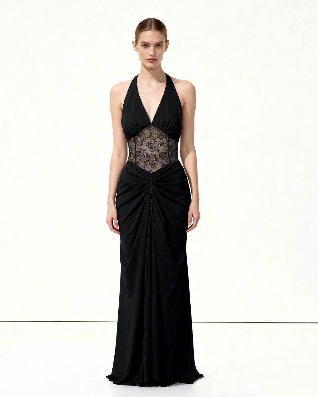 Ruched Lace Panel Maxi Dress - Black