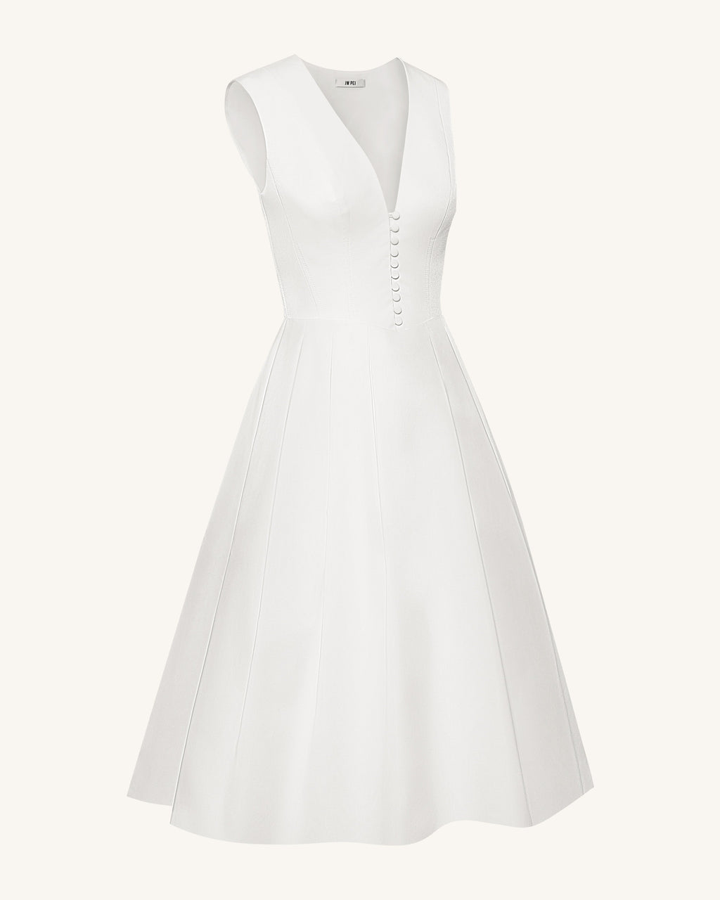 Front V-Neck Pleated Midi Dress - White