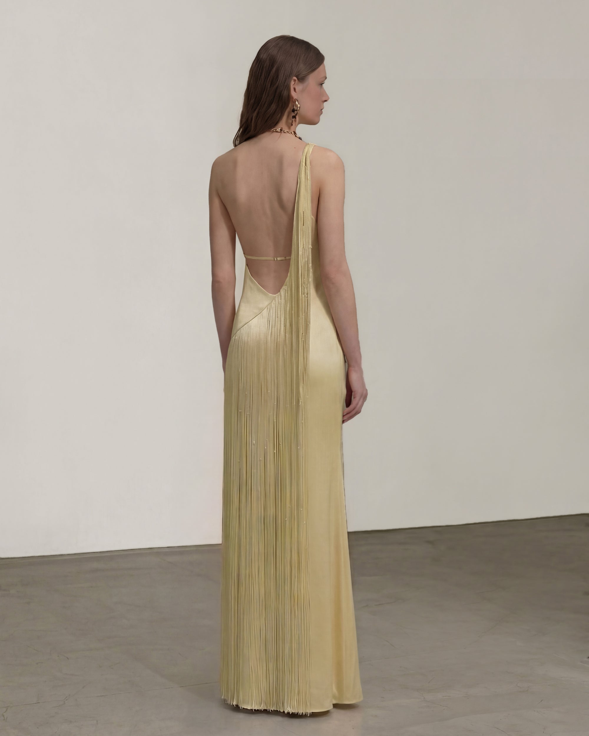 Fringe One Shoulder Maxi Dress - Champagne