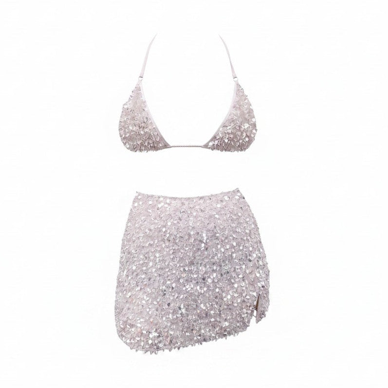 LESLIE AMON WHITE BEADED BIKINI TOP AND SKIRT SET - SIZE M