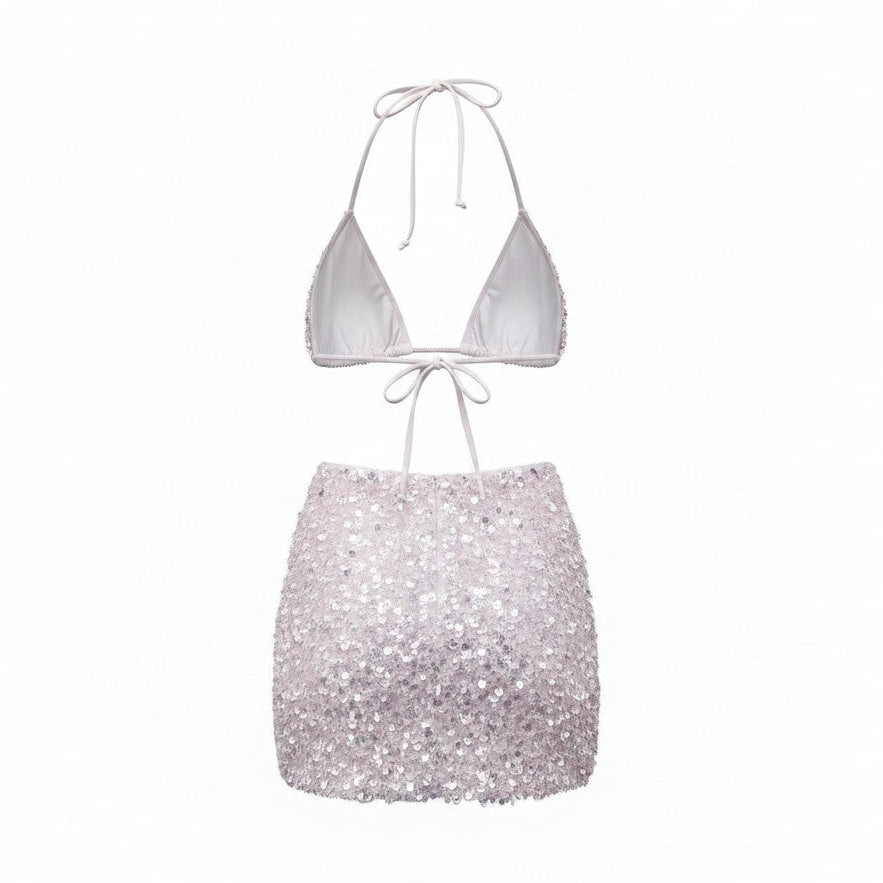 LESLIE AMON WHITE BEADED BIKINI TOP AND SKIRT SET - SIZE M
