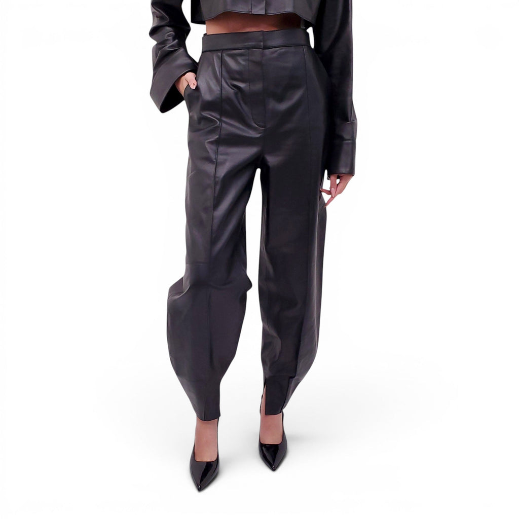 LOEWE BLACK LEATHER BALLOON TROUSERS WITH ANAGRAM LOGO - SIZE 38