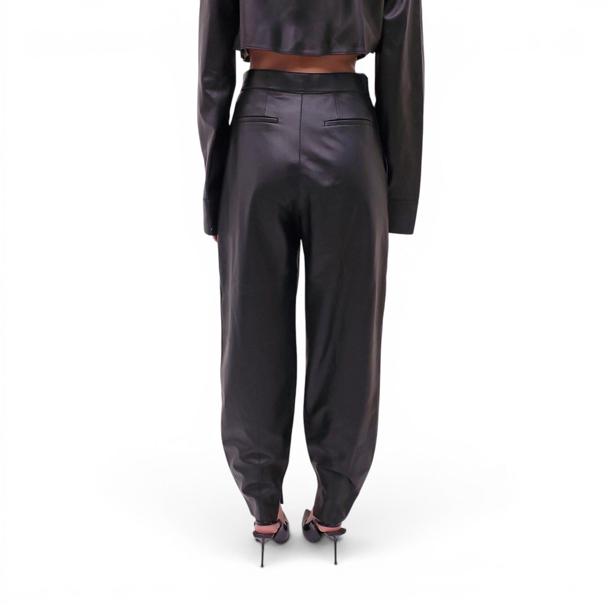 LOEWE BLACK LEATHER BALLOON TROUSERS WITH ANAGRAM LOGO - SIZE 38