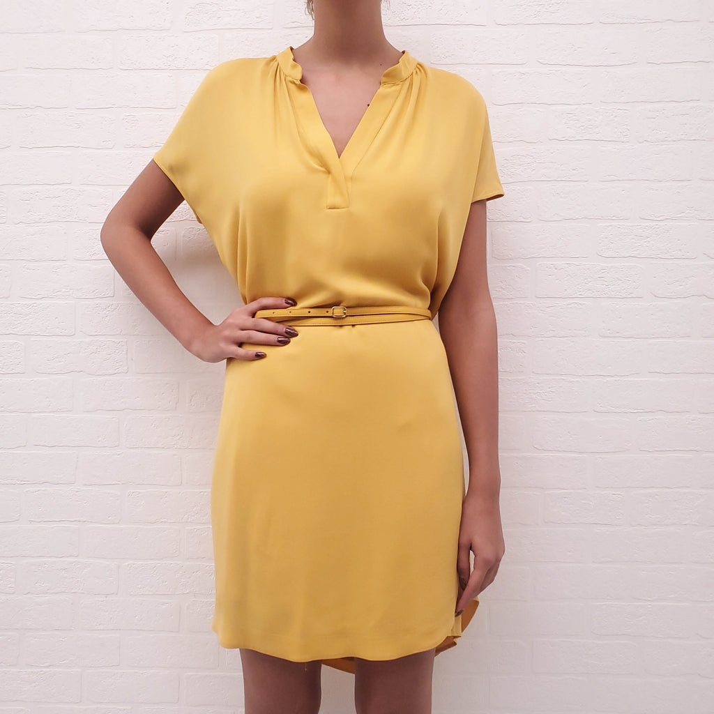 LORO PIANA YELLOW SILK DRESS WITH LEATHER BELT - SIZE 42