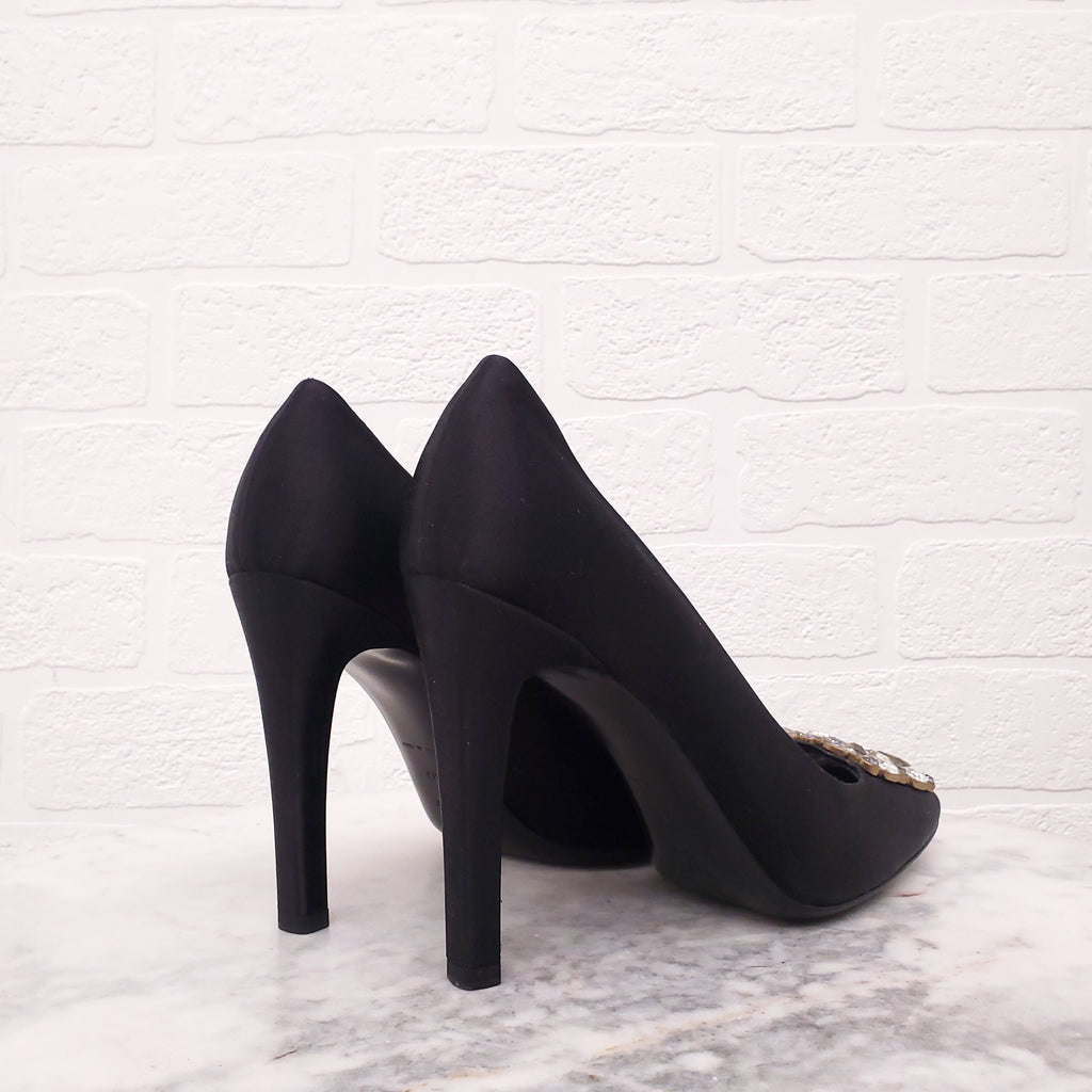 LOUIS VUITTON BLACK SATIN HEELS WITH CRYSTAL BUCKLE - SIZE 40