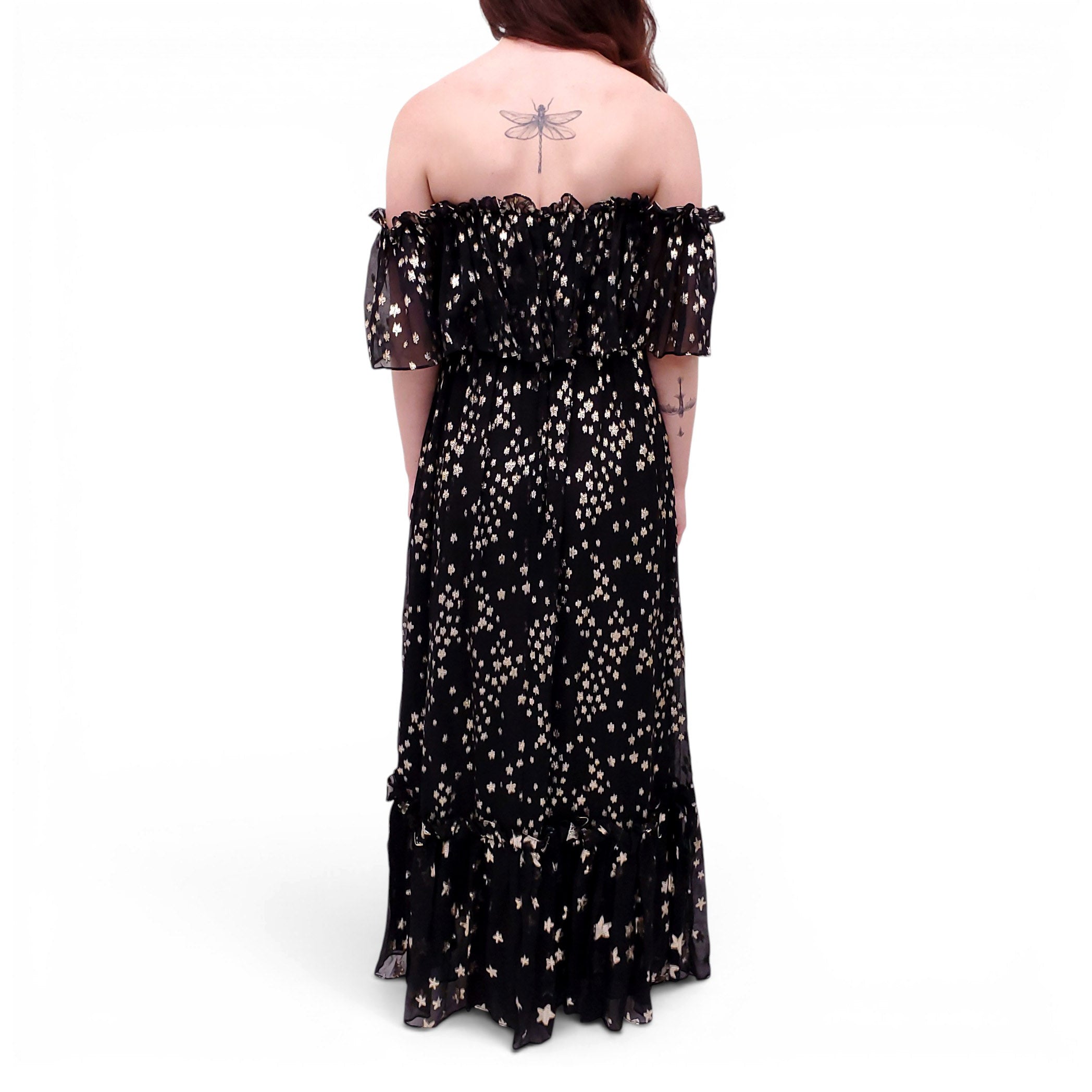 LOVESHACKFANCY BLACK STAR PATTERNED 'RONNY' RUFFLE DRESS - SIZE 2