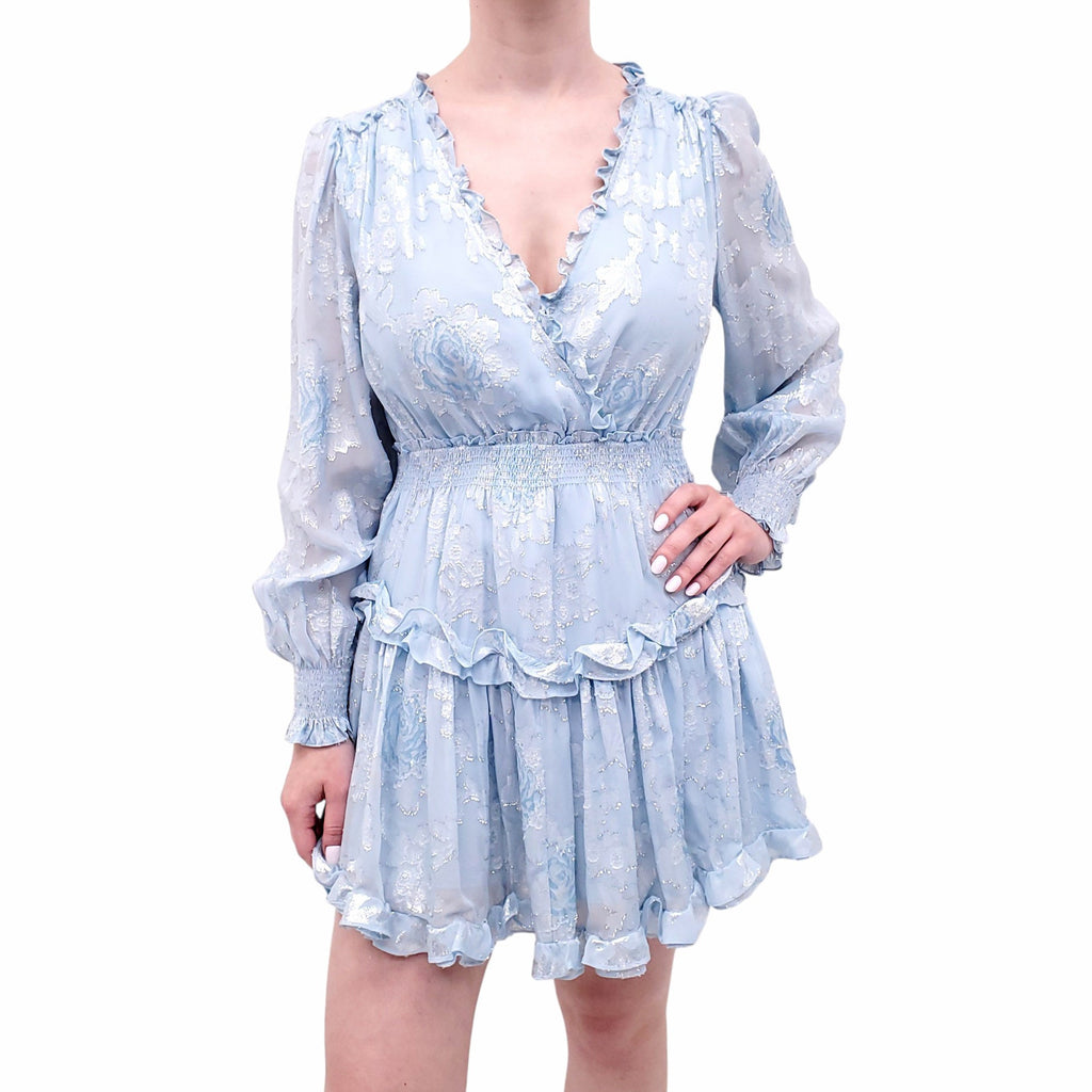 LOVESHACKFANCY BLUE DRESS WITH FLORAL LUREX DETAILING - SIZE M