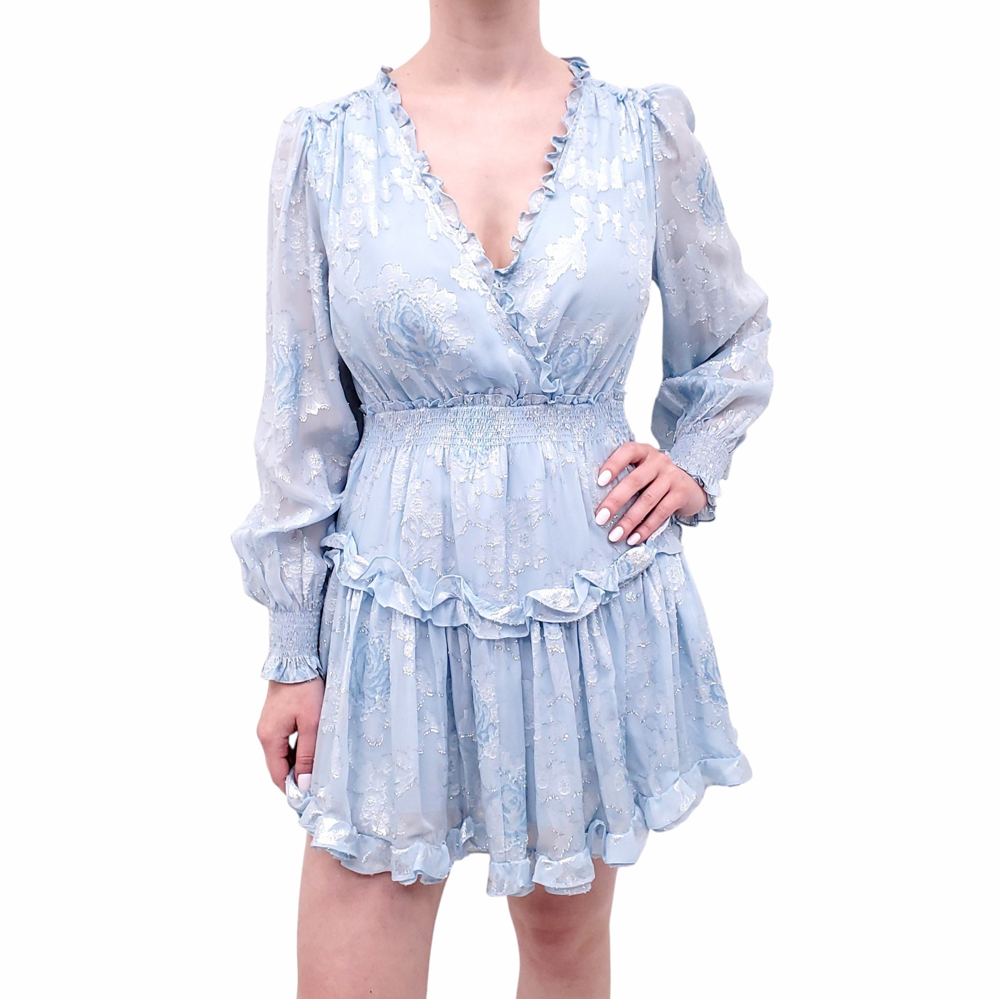 LOVESHACKFANCY BLUE DRESS WITH FLORAL LUREX DETAILING - SIZE M