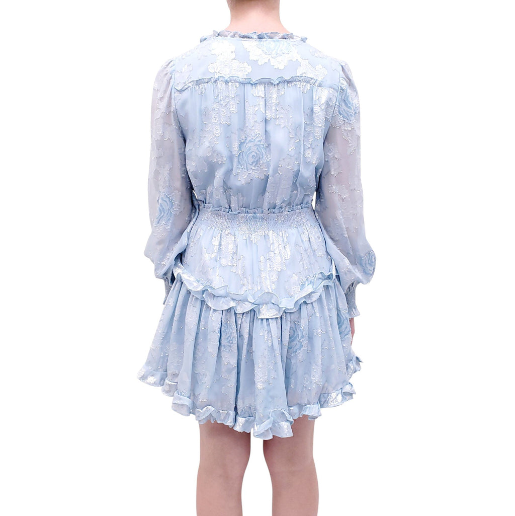 LOVESHACKFANCY BLUE DRESS WITH FLORAL LUREX DETAILING - SIZE M