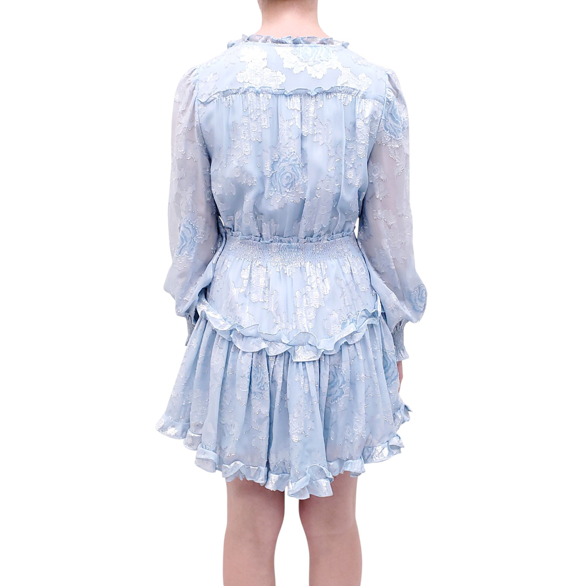 LOVESHACKFANCY BLUE DRESS WITH FLORAL LUREX DETAILING - SIZE M