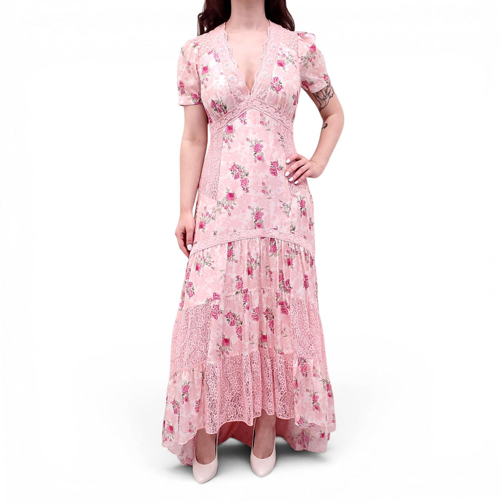 LOVESHACKFANCY PINK TIERED FLORAL DRESS WITH LACE - SIZE 6