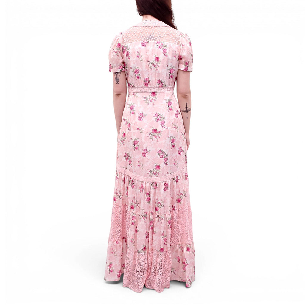 LOVESHACKFANCY PINK TIERED FLORAL DRESS WITH LACE - SIZE 6