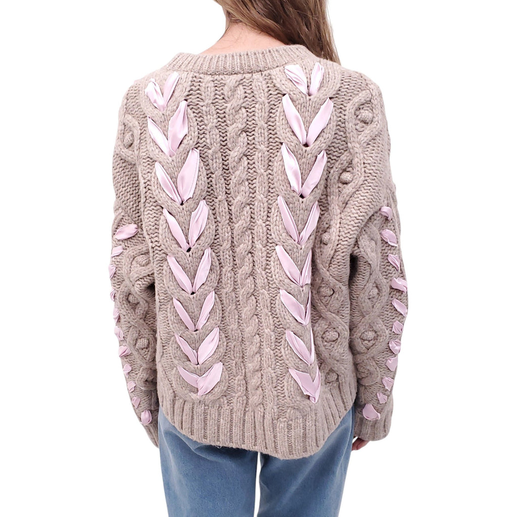LOVESHACKFANCY TAUPE AND PINK RIBBON BOW SWEATER - SIZE XL