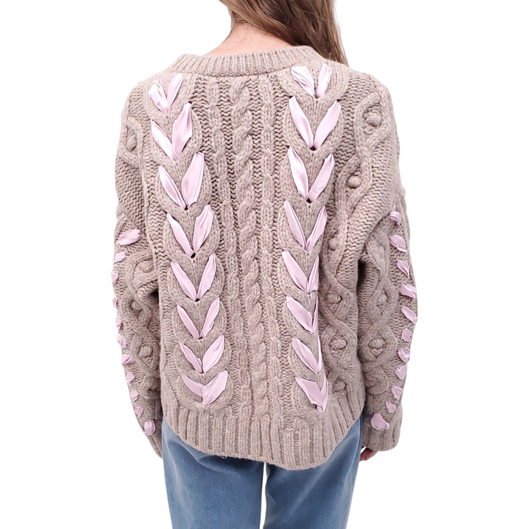 LOVESHACKFANCY TAUPE AND PINK RIBBON BOW SWEATER - SIZE XL