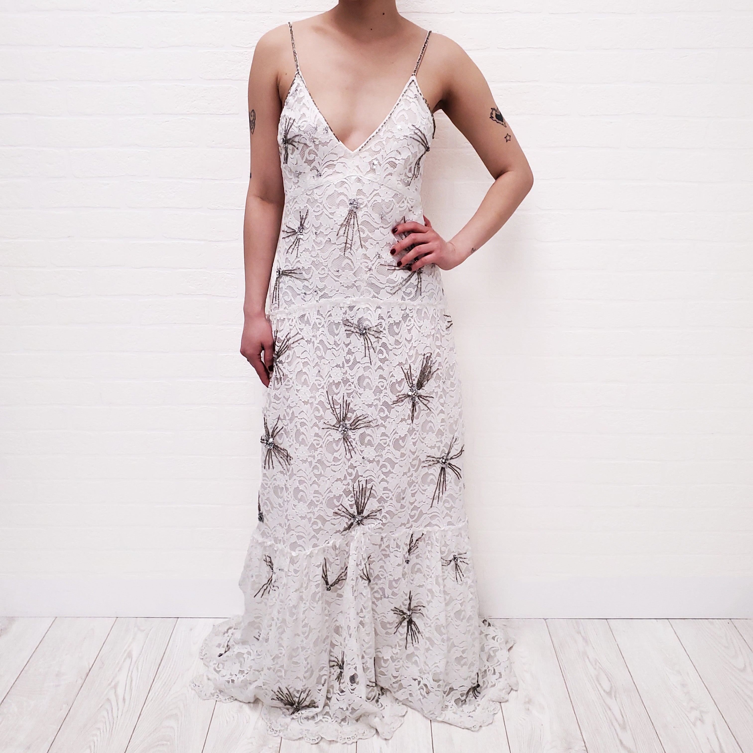 LOVESHACKFANCY WHITE LACE 'CELESTIA' MAXI DRESS WITH SEQUINS - SIZE 2