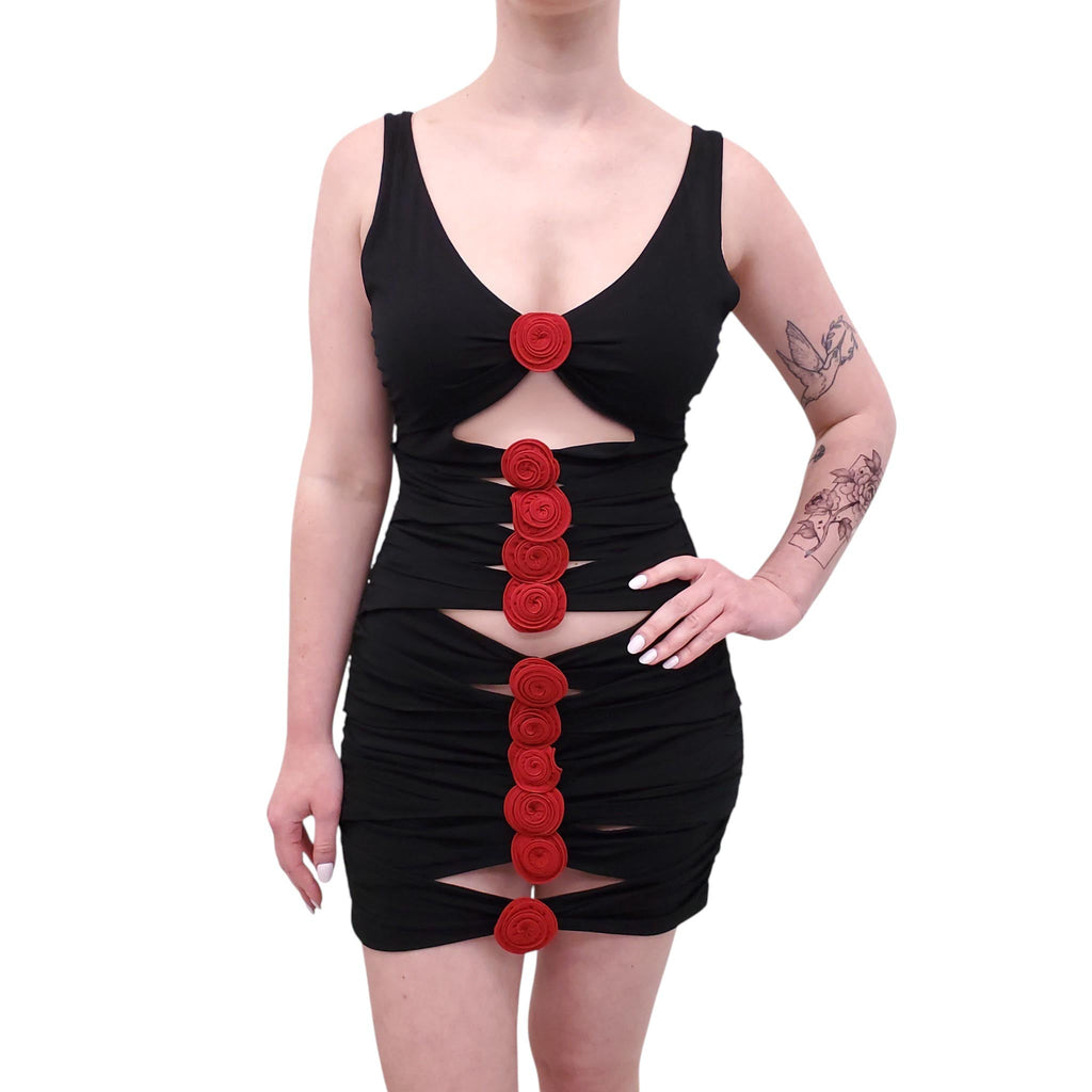 MAGDA BUTRYM BLACK CUTOUT ROSETTE MINI DRESS - SIZE 38