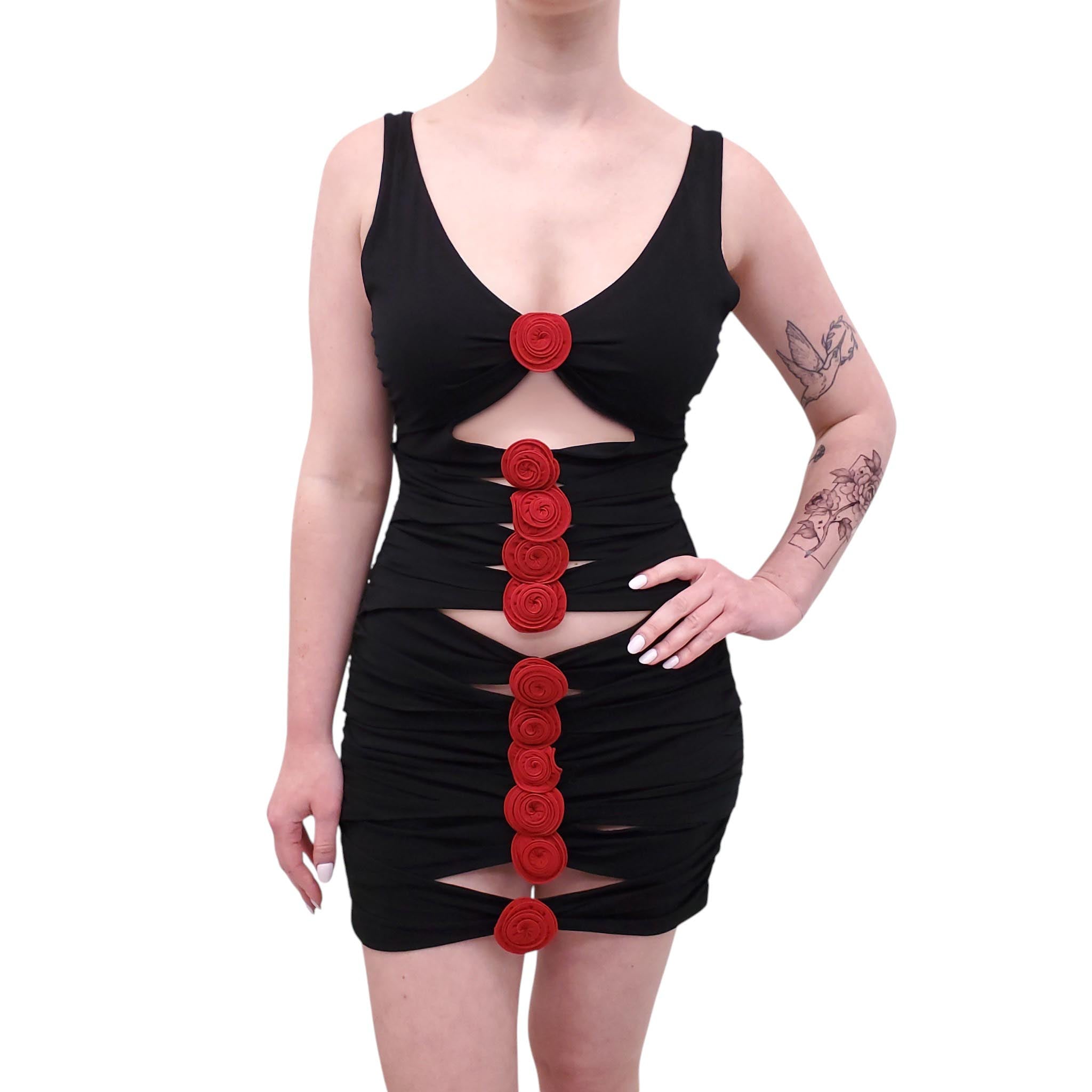 MAGDA BUTRYM BLACK CUTOUT ROSETTE MINI DRESS - SIZE 38