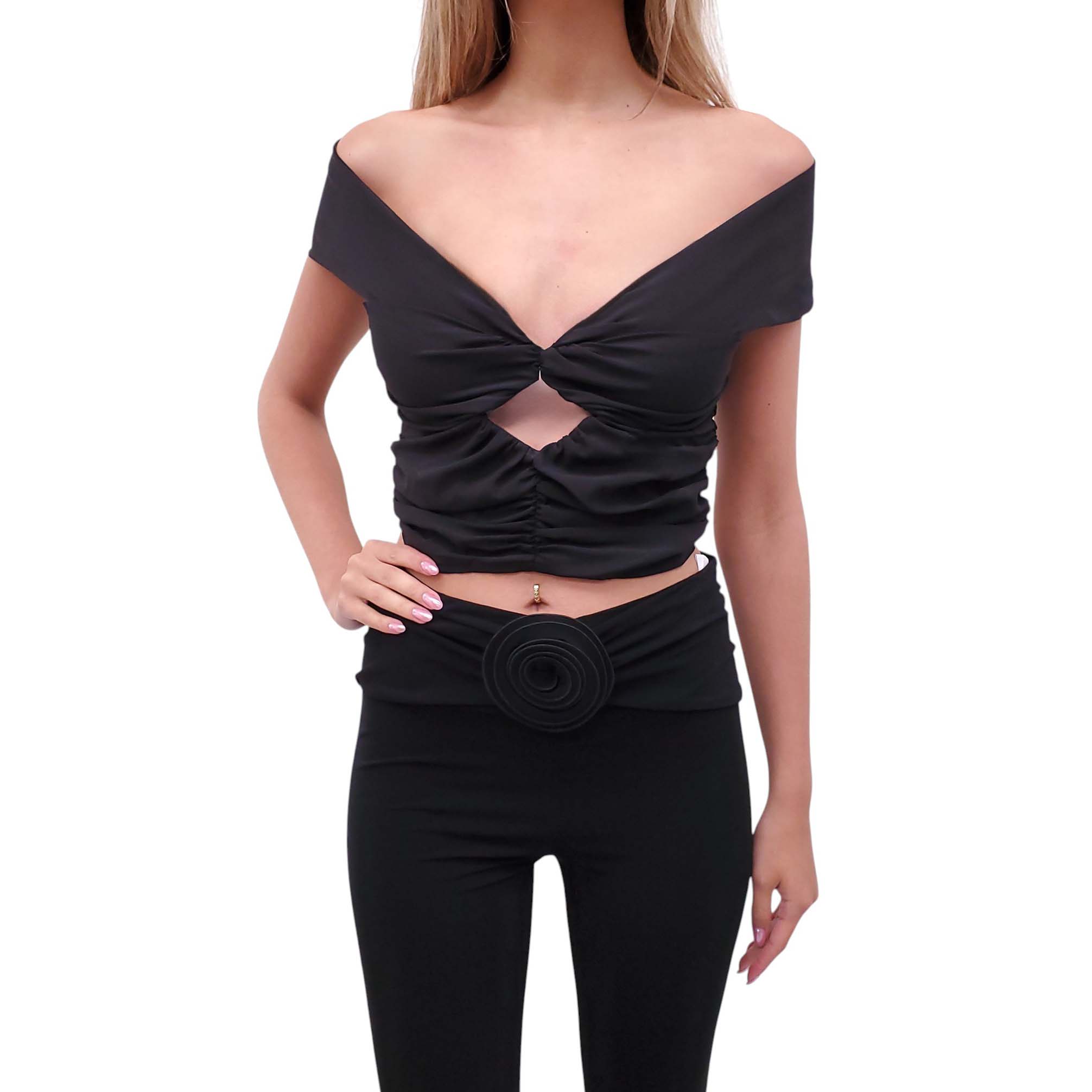 MAGDA BUTRYM BLACK RUCHED BLOUSE WITH CUTOUT DETAIL - SIZE 38