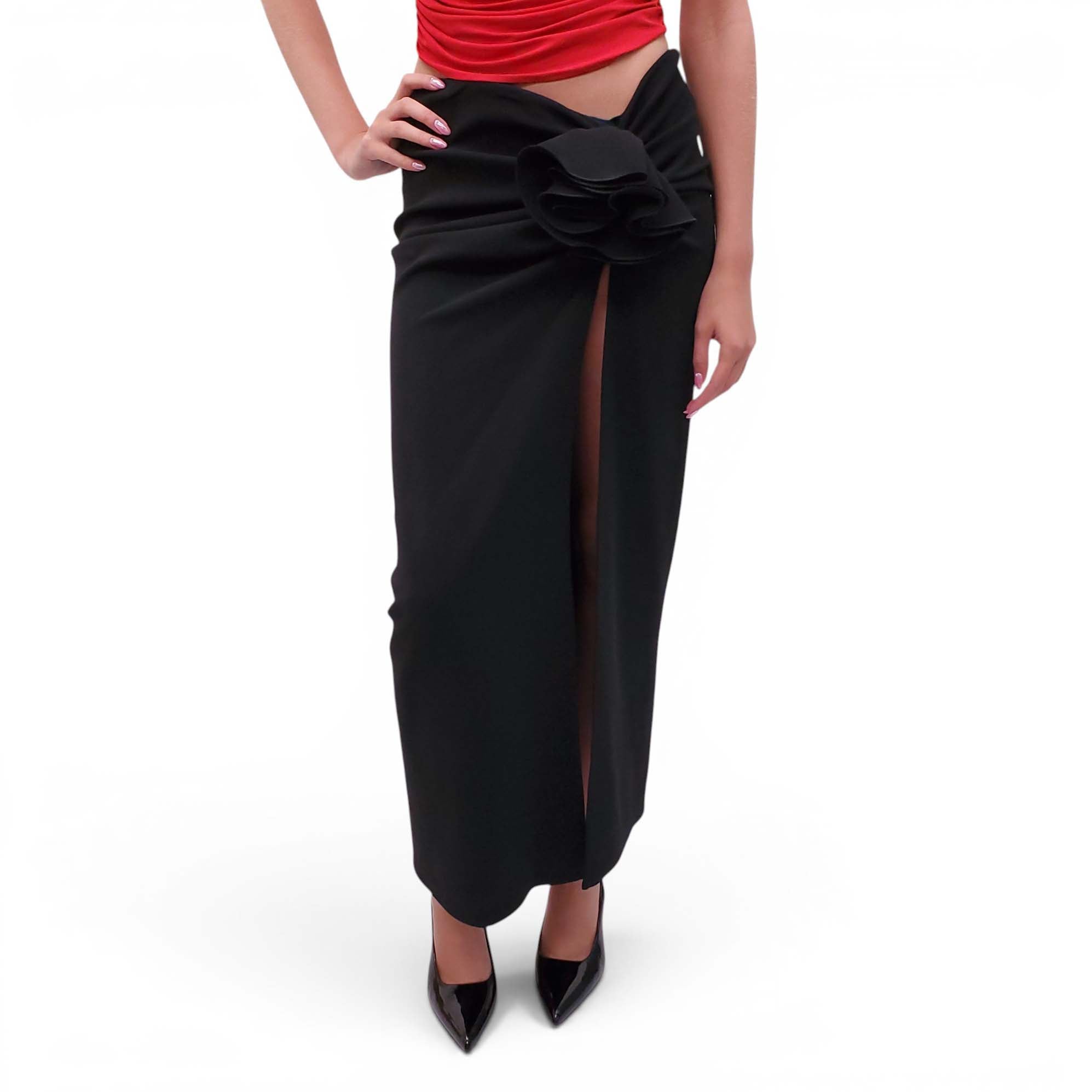 MAGDA BUTRYM BLACK WOOL MAXI SKIRT WITH ROSETTE DETAIL - SIZE 40