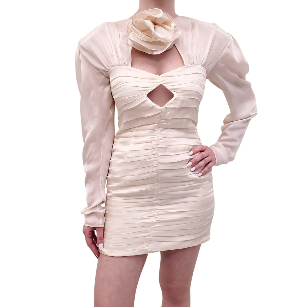 MAGDA BUTRYM CREAM SILK RUCHED ROSETTE DRESS - SIZE 38