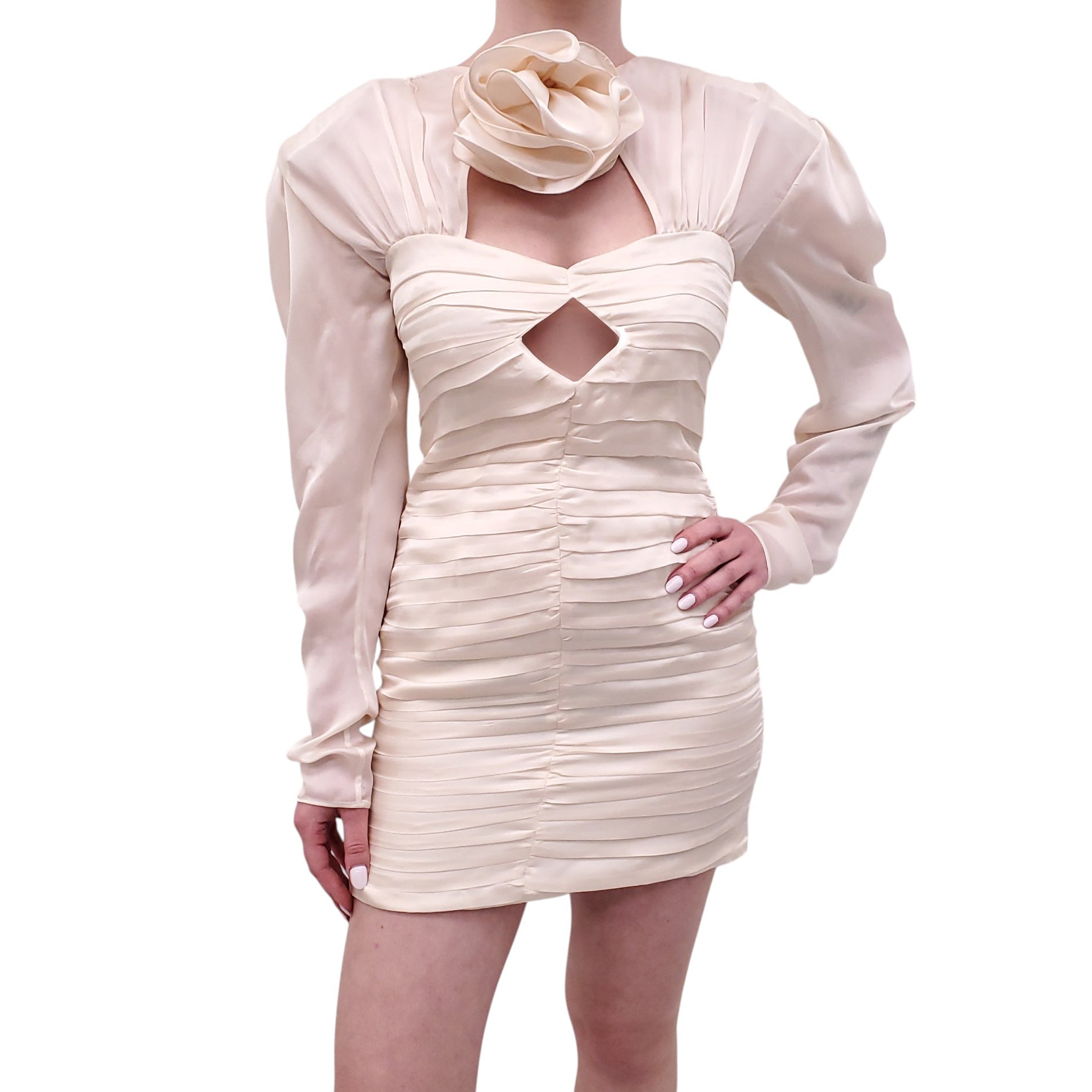 MAGDA BUTRYM CREAM SILK RUCHED ROSETTE DRESS - SIZE 38