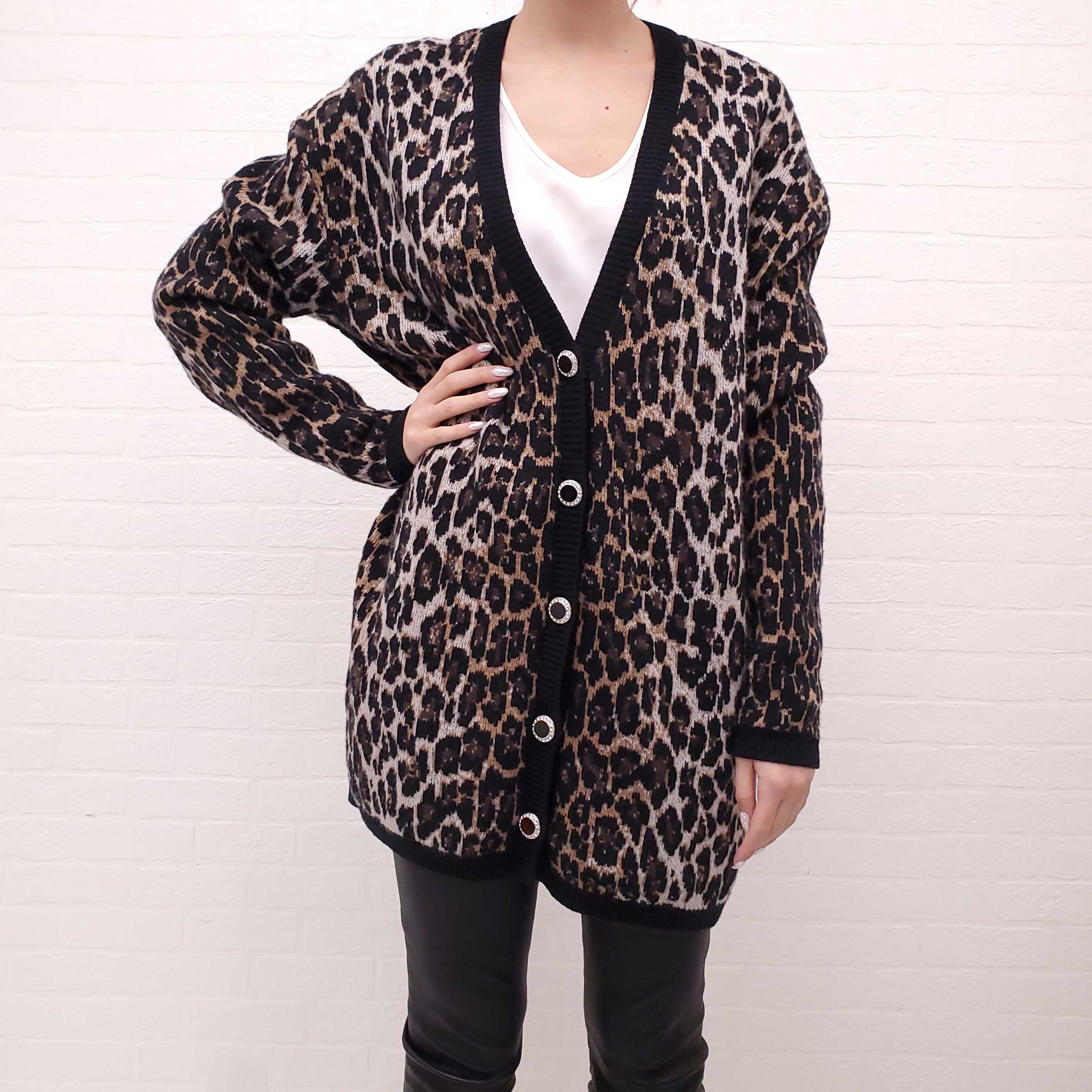MAGDA BUTRYM LEOPARD CARDIGAN WITH CRYSTAL BUTTON DETAILS - SIZE 34 (OVERSIZED)